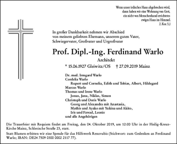 Traueranzeige von Ferdinand Warlo von vrm-trauer