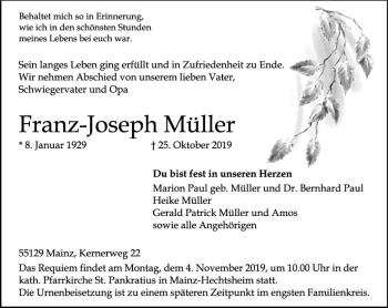 Traueranzeige von Franz-Joseph Müller von vrm-trauer