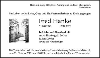 Traueranzeige von Fred Hanke von vrm-trauer