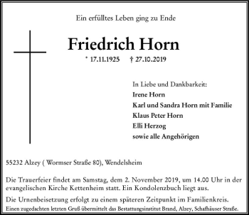 Traueranzeige von Friedrich Horn von vrm-trauer