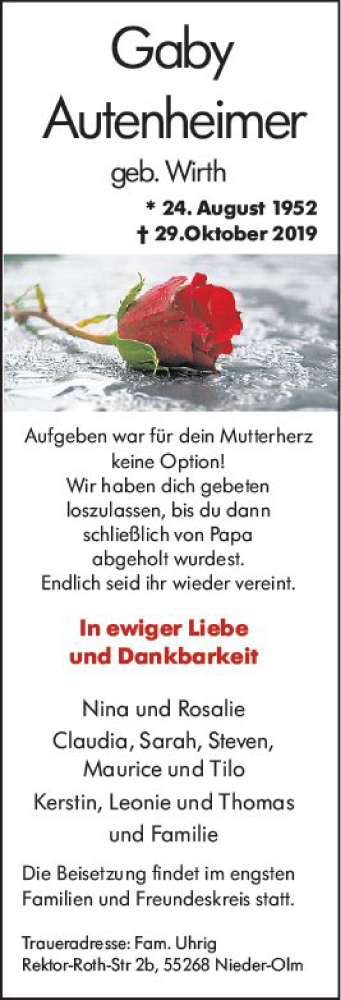 Traueranzeige von Gaby Autenheimer von vrm-trauer