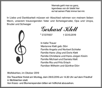 Traueranzeige von Gerhard Klett von vrm-trauer