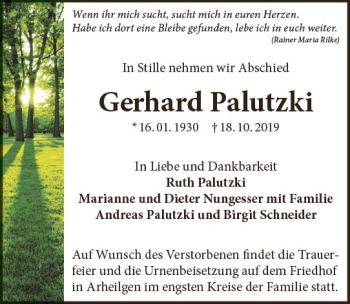 Traueranzeige von Gerhard Palutzki von vrm-trauer