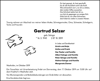 Traueranzeige von Gertrud Selzer von vrm-trauer