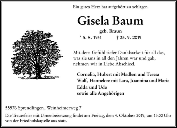 Traueranzeige von Gisela Baum von vrm-trauer