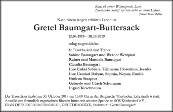 Traueranzeige von Gretel Baumgart-Buttersack von vrm-trauer