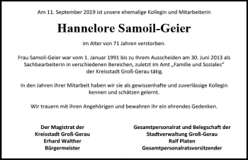 Traueranzeige von Hannelore Samoil-Geier von vrm-trauer