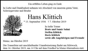 Traueranzeige von Hans Klittich von vrm-trauer