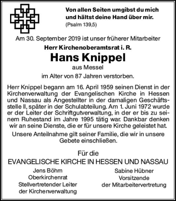 Traueranzeige von Hans Knippel von vrm-trauer