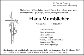 Traueranzeige von Hans Mumbächer von vrm-trauer
