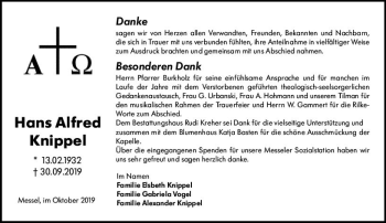 Traueranzeige von Hans Alfred Knippel von vrm-trauer