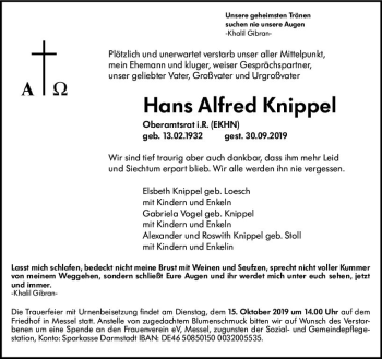 Traueranzeige von Hans Alfred Knippel von vrm-trauer