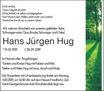 Traueranzeige von Hans Jürgen Hug von vrm-trauer