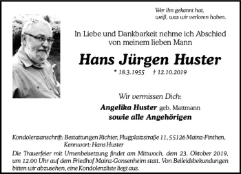 Traueranzeige von Hans Jürgen Huster von vrm-trauer