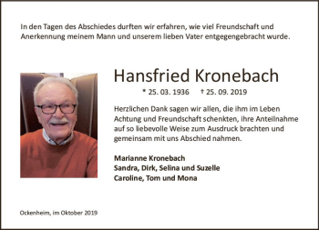 Traueranzeige von Hansfried Kronebach von vrm-trauer