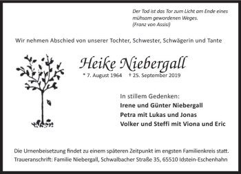 Traueranzeige von Heike Niebergall von vrm-trauer