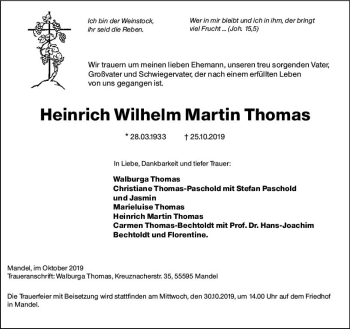 Traueranzeige von Heinrich Wilhelm Martin Thomas von vrm-trauer