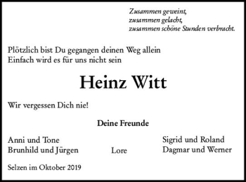 Traueranzeige von Heinz Witt von vrm-trauer