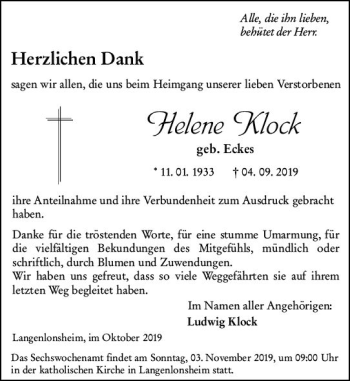 Traueranzeige von Helene Klock von vrm-trauer