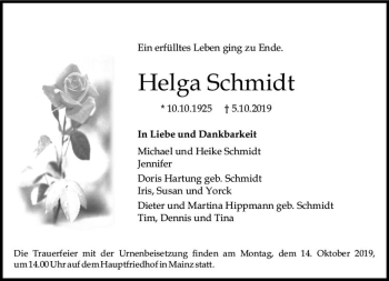 Traueranzeige von Helga Schmidt von vrm-trauer
