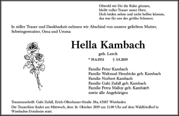 Traueranzeige von Hella Kambach von vrm-trauer