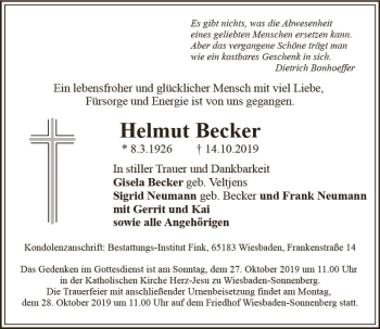 Traueranzeige von Helmut Becker von vrm-trauer