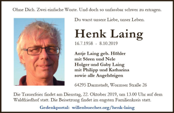 Traueranzeige von Henk Laing von vrm-trauer