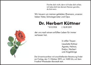 Traueranzeige von Herbert Küttner von vrm-trauer