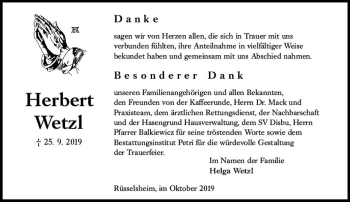 Traueranzeige von Herbert Wetzl von vrm-trauer