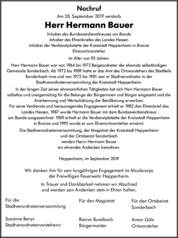 Traueranzeige von Hermann Bauer von vrm-trauer