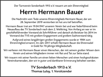 Traueranzeige von Hermann Bauer von vrm-trauer