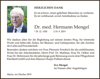 Traueranzeige von Hermann Mengel von vrm-trauer