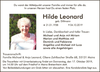 Traueranzeige von Hilde Leonard von vrm-trauer