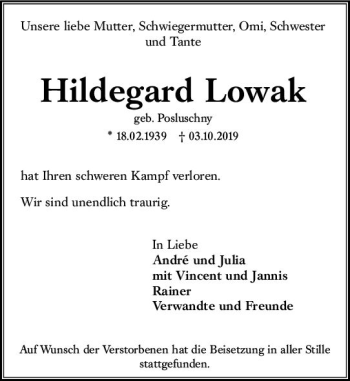 Traueranzeige von Hildegard Lowak von vrm-trauer