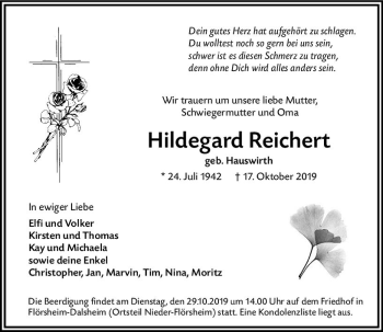 Traueranzeige von Hildegard Reichert von vrm-trauer