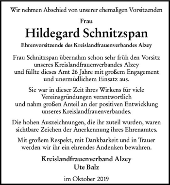 Traueranzeige von Hildegard Schnitzspan von vrm-trauer