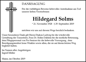 Traueranzeige von Hildegard Sohns von vrm-trauer