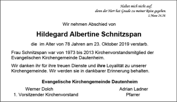 Traueranzeige von Hildegard Albertine Schnitzspan von vrm-trauer