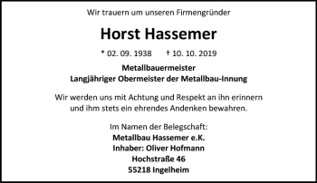 Traueranzeige von Horst Hassemer von vrm-trauer