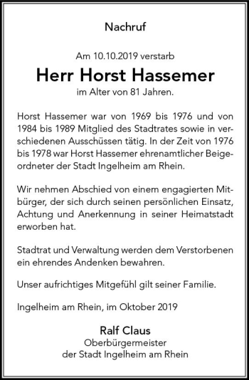 Traueranzeige von Horst Hassemer von vrm-trauer