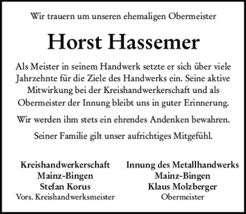 Traueranzeige von Horst Hassemer von vrm-trauer