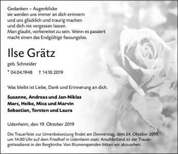 Traueranzeige von Ilse Grätz von vrm-trauer
