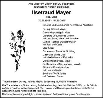 Traueranzeige von Ilsetraud Mayer von vrm-trauer