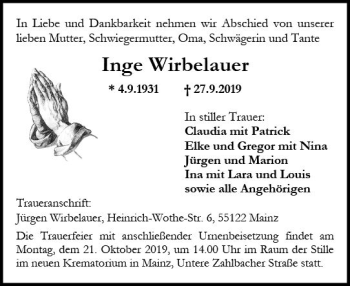 Traueranzeige von Inge Wirbelauer von vrm-trauer