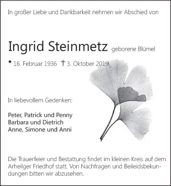 Traueranzeige von Ingrid Steinmetz von vrm-trauer