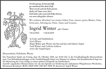 Traueranzeige von Ingrid Winter von vrm-trauer