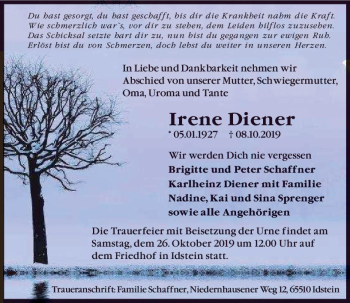 Traueranzeige von Irene Diener von vrm-trauer