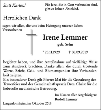 Traueranzeige von Irene Lemmer von vrm-trauer