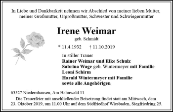 Traueranzeige von Irene Weimar von vrm-trauer