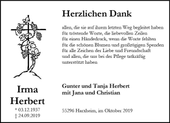 Traueranzeige von Irma Herbert von vrm-trauer